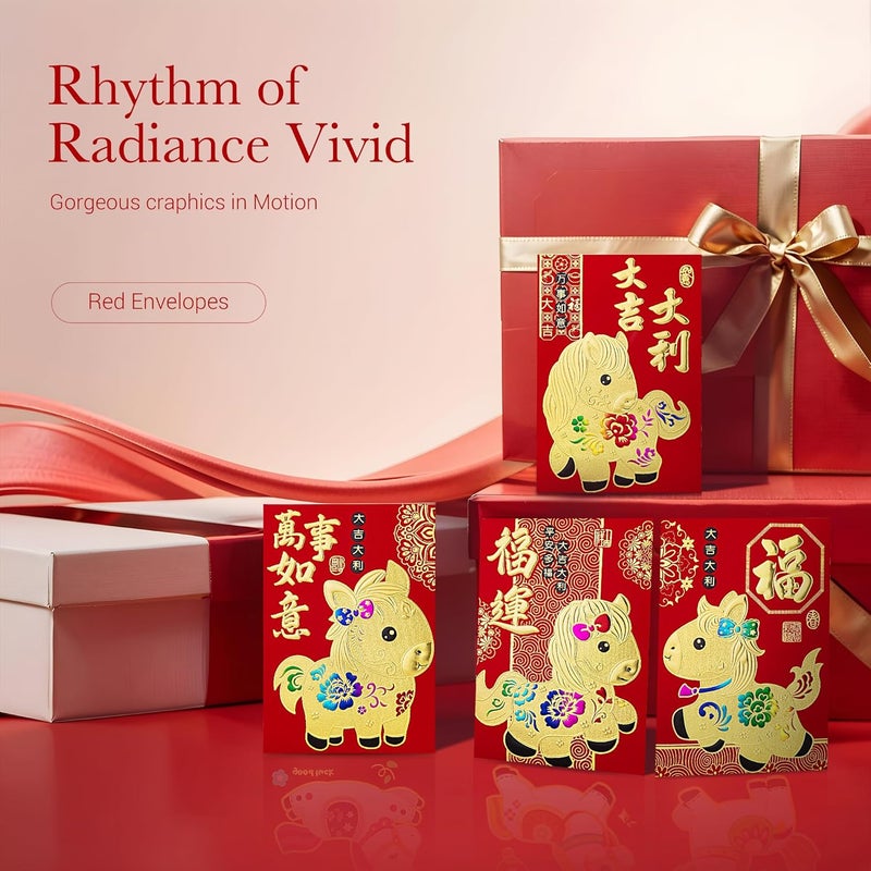 ThxToms 36pcs Red Envelopes Chinese New Year, Chinese Traditional Lucky Money Hong Bao Red Envelope Pockets for 2026 Spring Festival, Lunar New Year, 6 Cartoon Horse Designs,M - Image 3